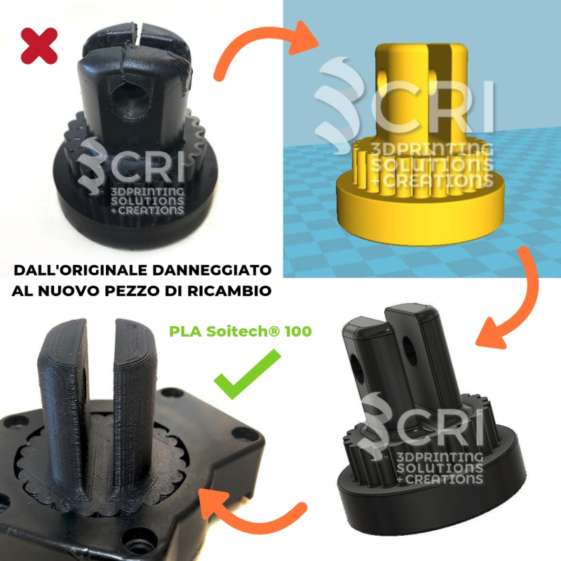 Stampa 3d personalizzata: Perno per poltrona rotto ed ormai fuori produzione. Il nostro ufficio tecnico elabora il disegno e provvede alla realizzazione del modello 3D (file .stl) pronto per la stampa.